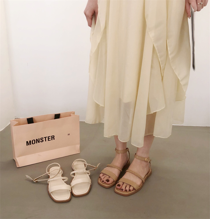 Flat Roman Sandals for Women 2024 New Square Toe Thin Strap Fairy Style Summer Shoes
