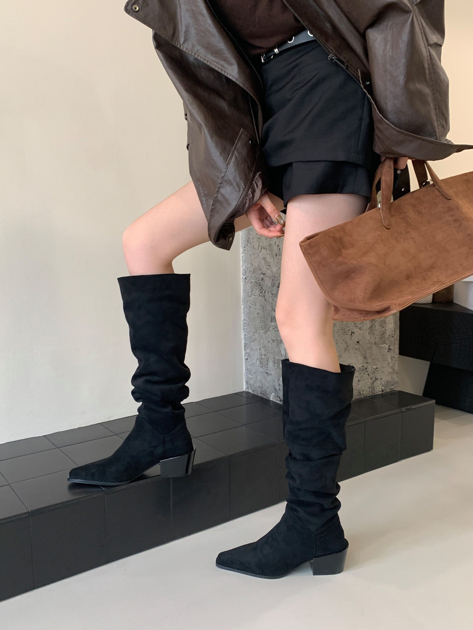 2025 New Fashion Versatile European American Style Suede Square Toe Chunky Heel Riding Boots Tall Boots Slim High Boots Women - Image 3