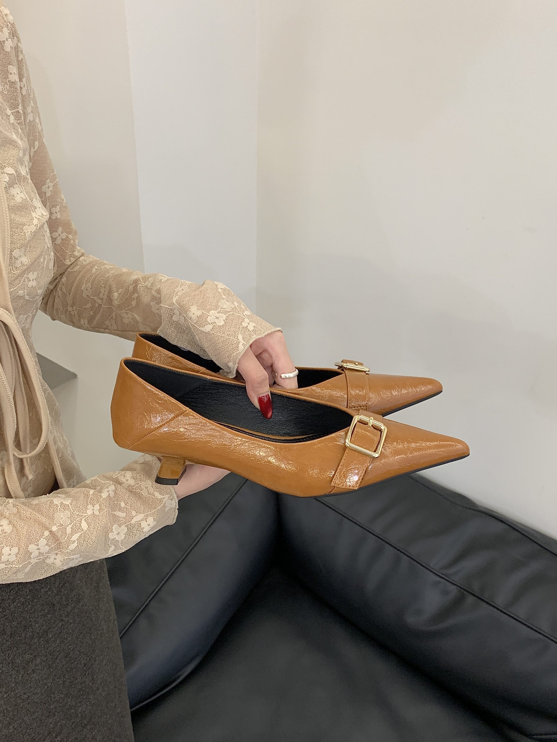2026 New Autumn Pointed Toe Low Heel Buckle Slip-On Fashion Comfort Commute French Retro Shallow Mouth Women’s Shoes